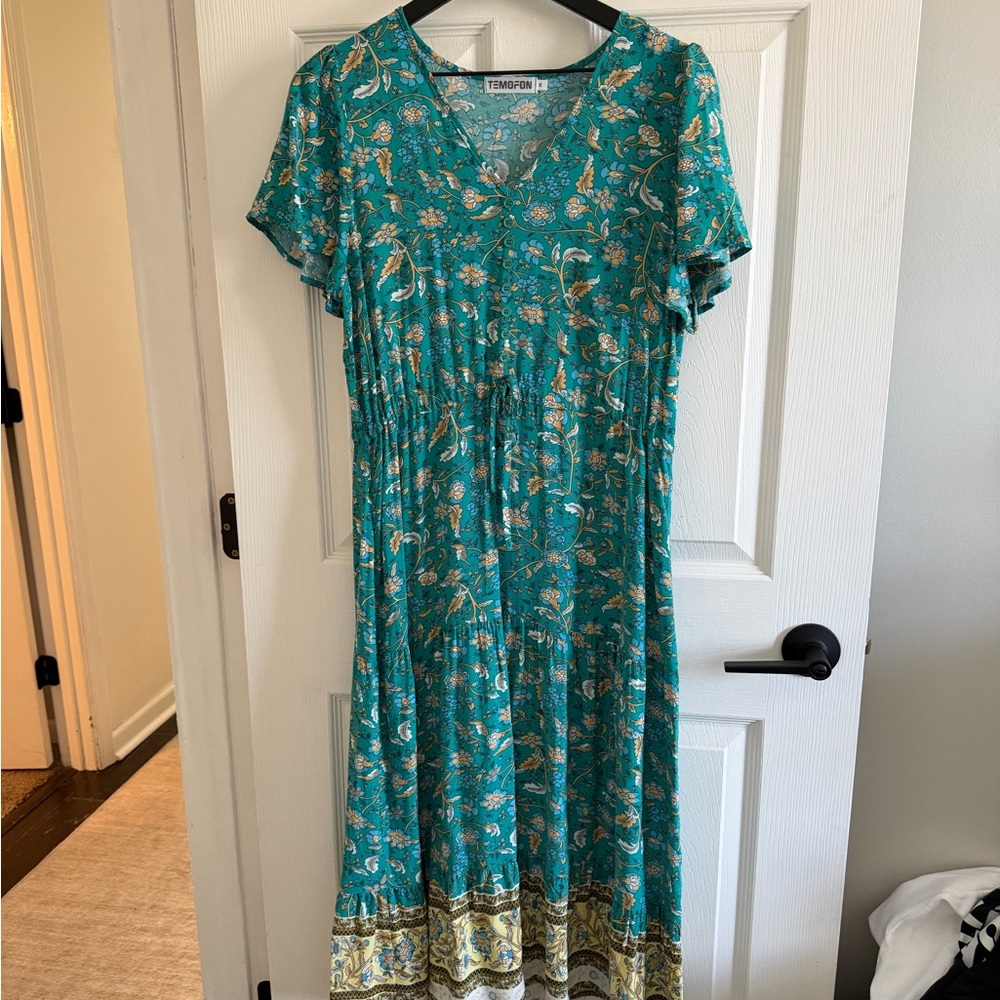 Teal and Gold Patterned Midi Dress by Tiana B.